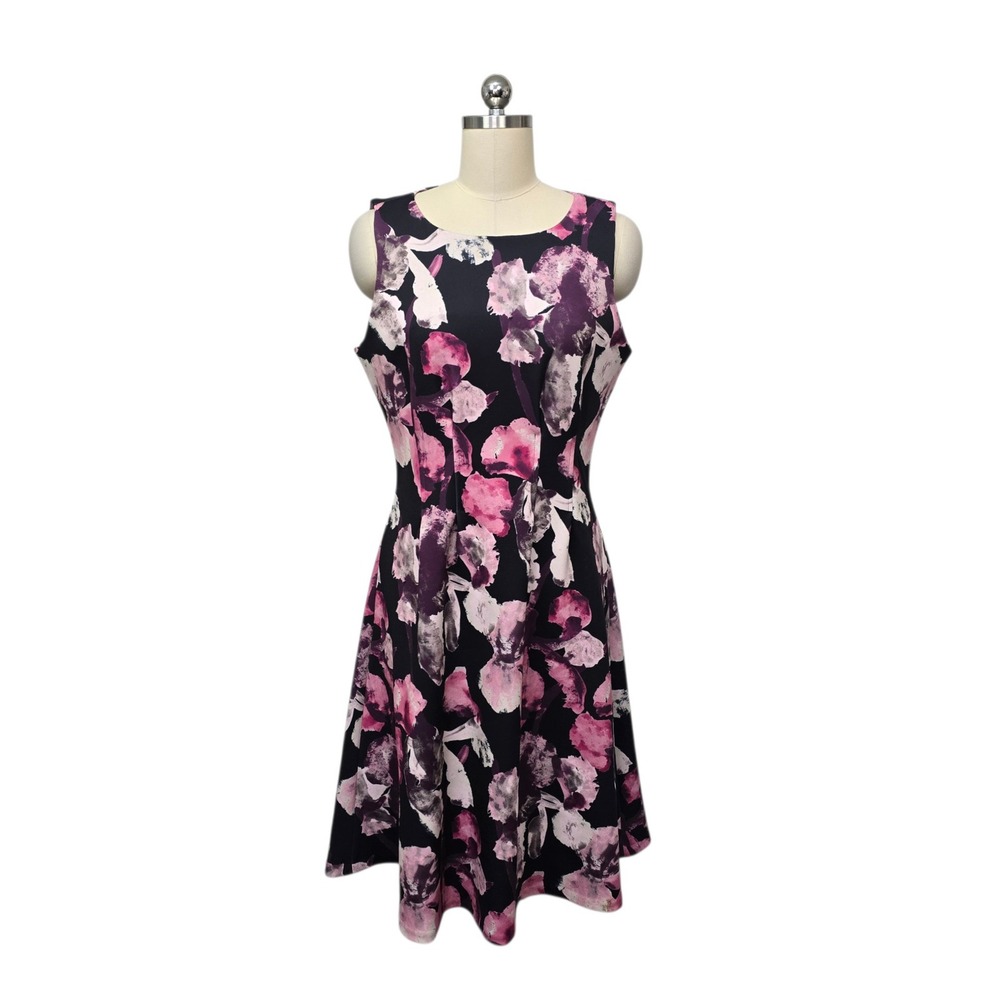 Halston Pink Purple Floral Fit & Flare Scuba Knit Sleeveless Dress Size 8